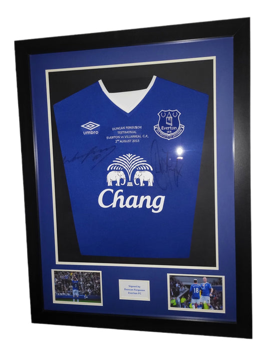 Duncan Ferguson and Wayne Rooney Hand Everton Home Framed Shirts with COA