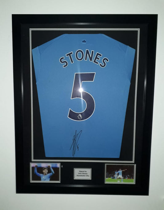 John Stones Hand Signed Manchester City Home 2022/2023 Framed Shirt Premier League Numbers
