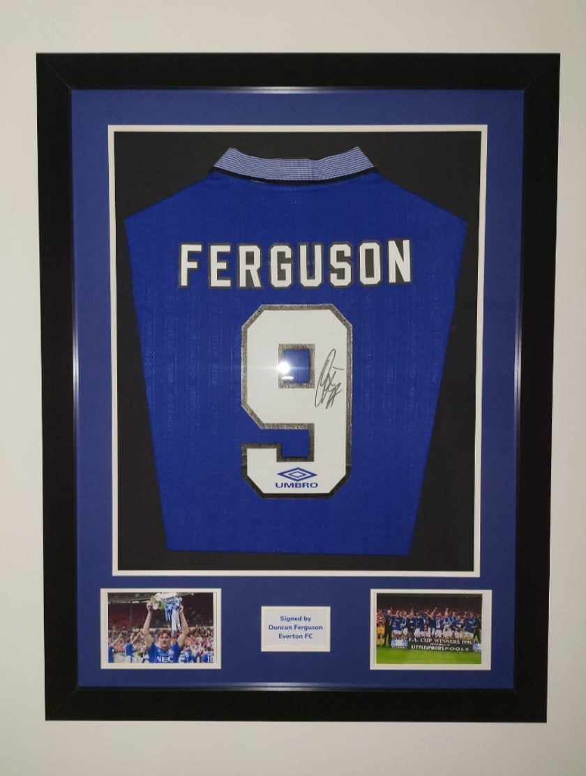 Duncan Ferguson and Wayne Rooney Hand Everton Home Framed Shirts with COA