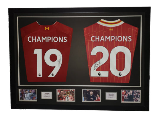 Jurgen Klopp and Arne Slot Champions Hand Signed Liverpool Framed Shirts with COA