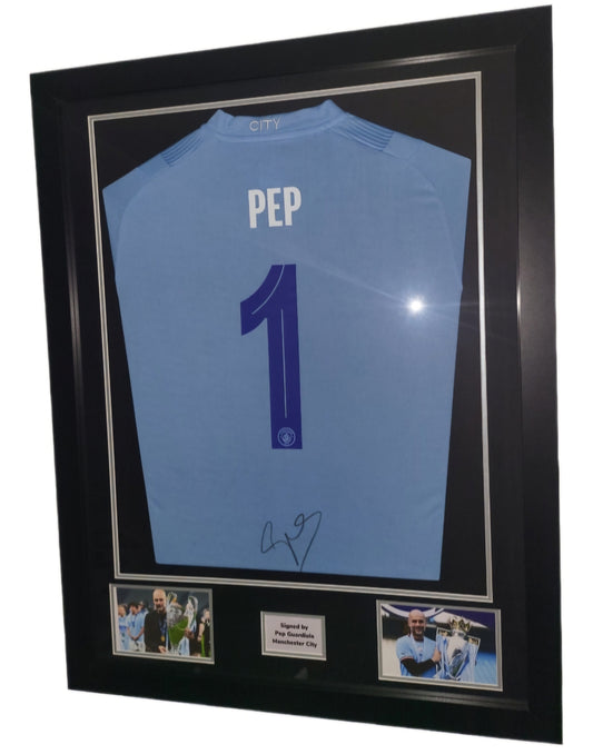 Pep Guardiola Manchester City 2023/24 signed Framed Shirt with Man City nameset and COA